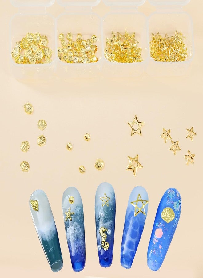 SILPECWEE 28 Grids Metal Gold Nail Art Studs, 3d Nail Charms Star and Moon, Conch, Seahorse, Seashell Ocean Manicure Design Alloy Nail Rivet Stud Jewelry Decoration Nails Supplies for Women DIY Salon - Image 4